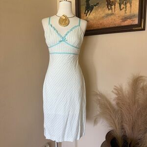 White Cotton Midi Dress with Teal Trim